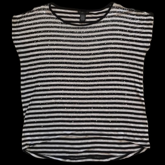 DESIGN history Black & White Stripe Silver Bling Top Cap Sleeve Round Neck L - Picture 3 of 12